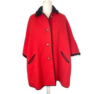 1960s Vintage Modelle Vienna Red Boiled Wool Cape Coat Collar Lining Pockets